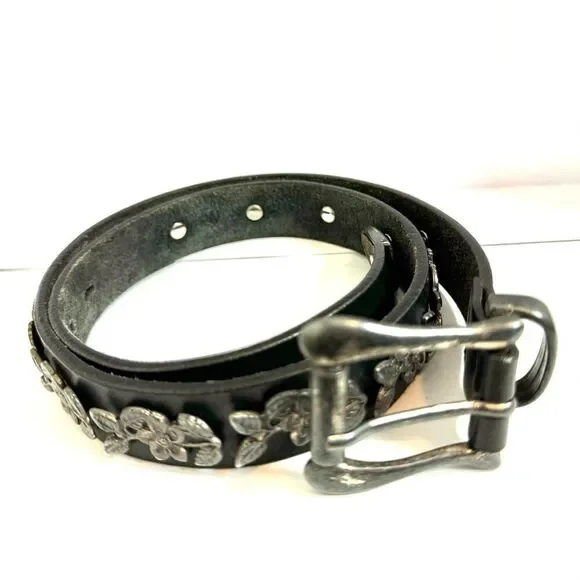Vintage Silver Flower Embellished Genuine Leather Belt made 